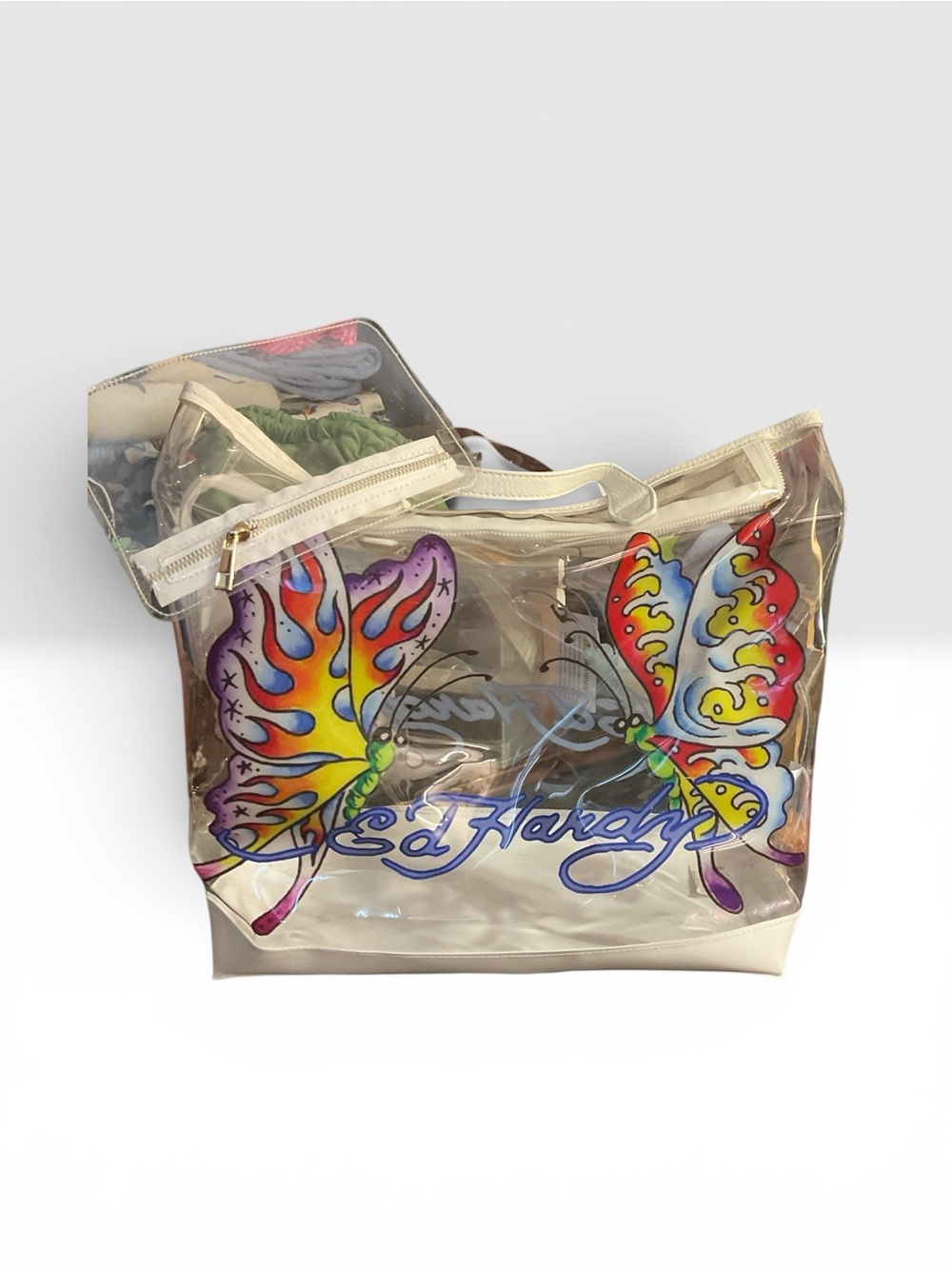 Ed Hardy Clear Tote with Rainbow Butterfly Artwork